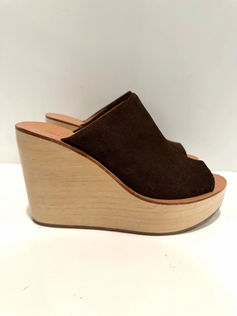 Rachel Comey Brown Suede Peep Toe Wood Platform Wedge Mules Size 8